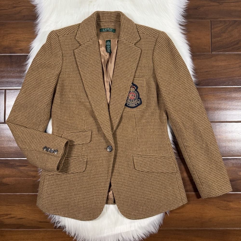 Lauren Ralph Lauren Women's Size 6 Tan Houndstooth Crest Patch Blazer Jacket